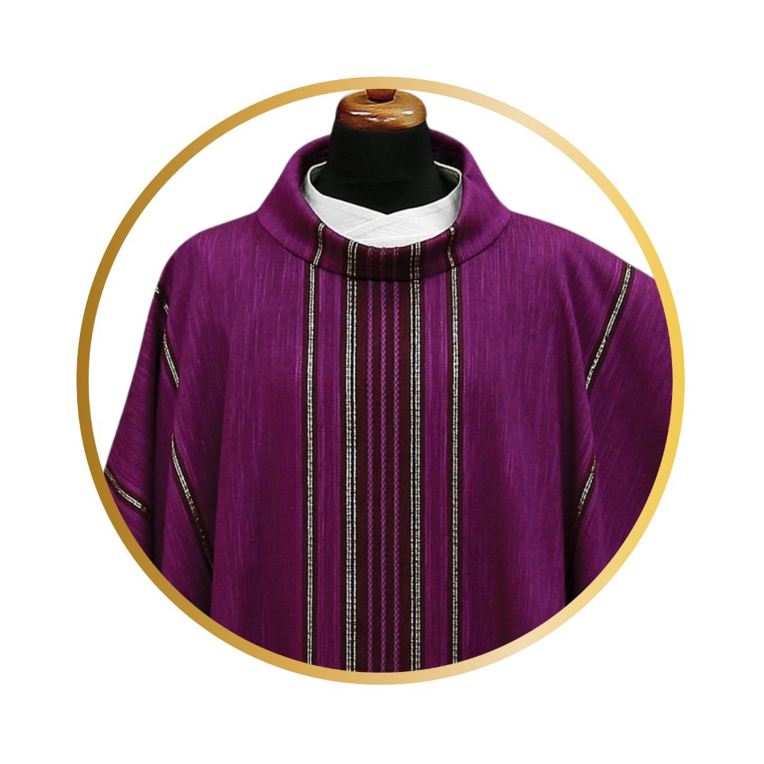 Handwoven chasuble 100% wool purple with black stripe. Monastic style with cowl collar.