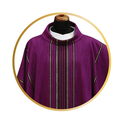 Handwoven chasuble 100% wool purple with black stripe. Monastic style with cowl collar.