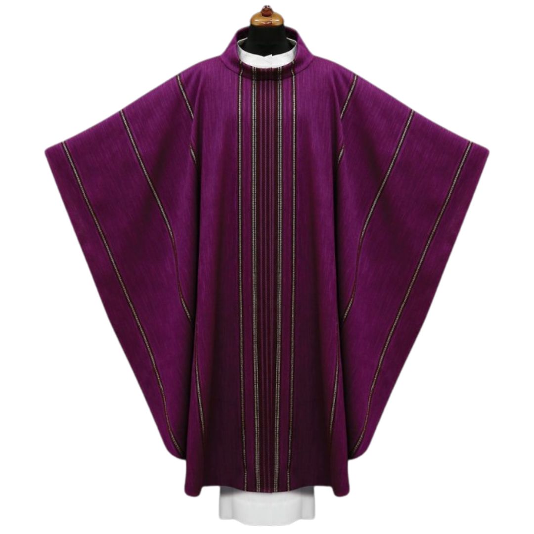 Handwoven chasuble 100% wool purple with black stripe. Monastic style with cowl collar.