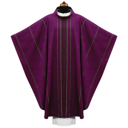Handwoven chasuble 100% wool purple with black stripe. Monastic style with cowl collar.