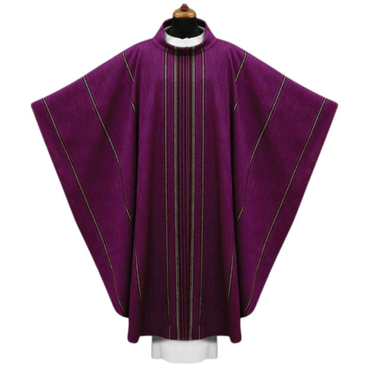 Handwoven chasuble 100% wool purple with black stripe. Monastic style with cowl collar.