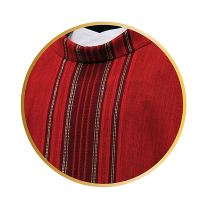 Handwoven chasuble 100% wool red with black stripe. Monastic style with cowl collar.