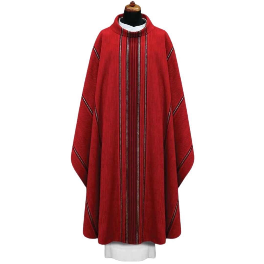 Handwoven chasuble 100% wool red with black stripe. Monastic style with cowl collar.