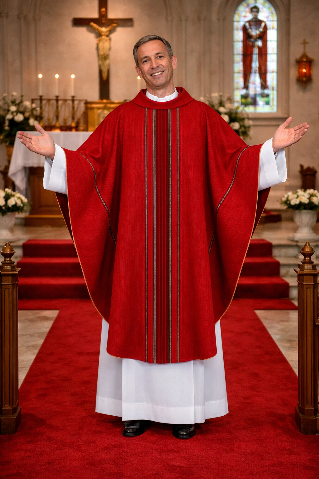 Priest in red liturgical vestment standing in a church with stained glass window and altar.