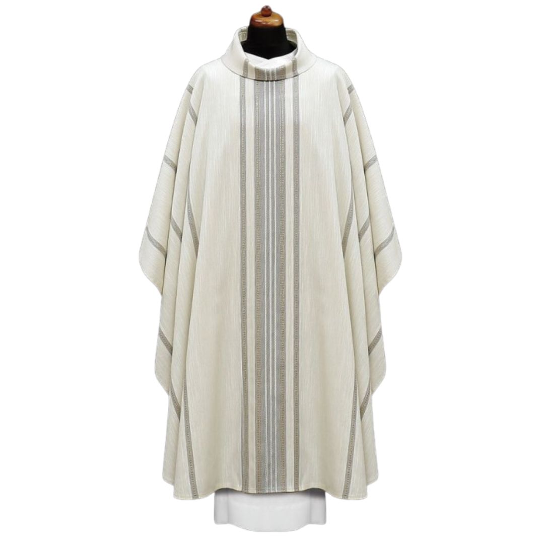 Handwoven chasuble 100% wool ivory with grey stripe. Monastic style with cowl collar.