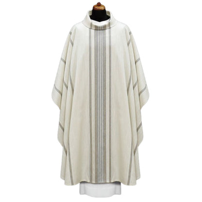 Handwoven chasuble 100% wool ivory with grey stripe. Monastic style with cowl collar.