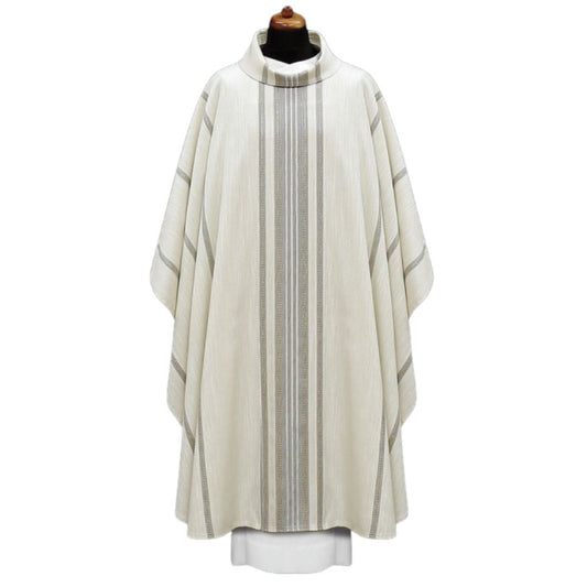 Handwoven chasuble 100% wool ivory with grey stripe. Monastic style with cowl collar.