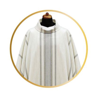 Handwoven chasuble 100% wool ivory with grey stripe. Monastic style with cowl collar.