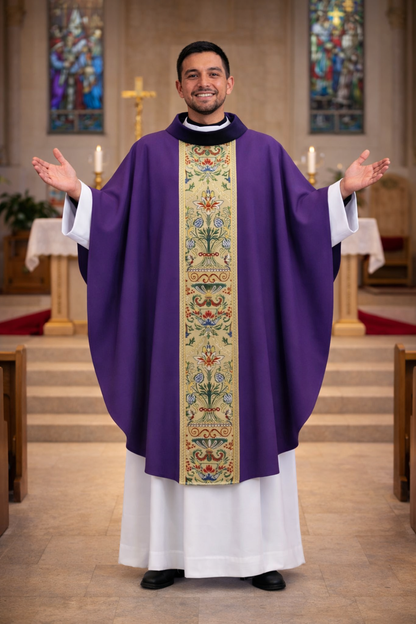 Coronation chasube in purple for lent or advent with velvet collar.