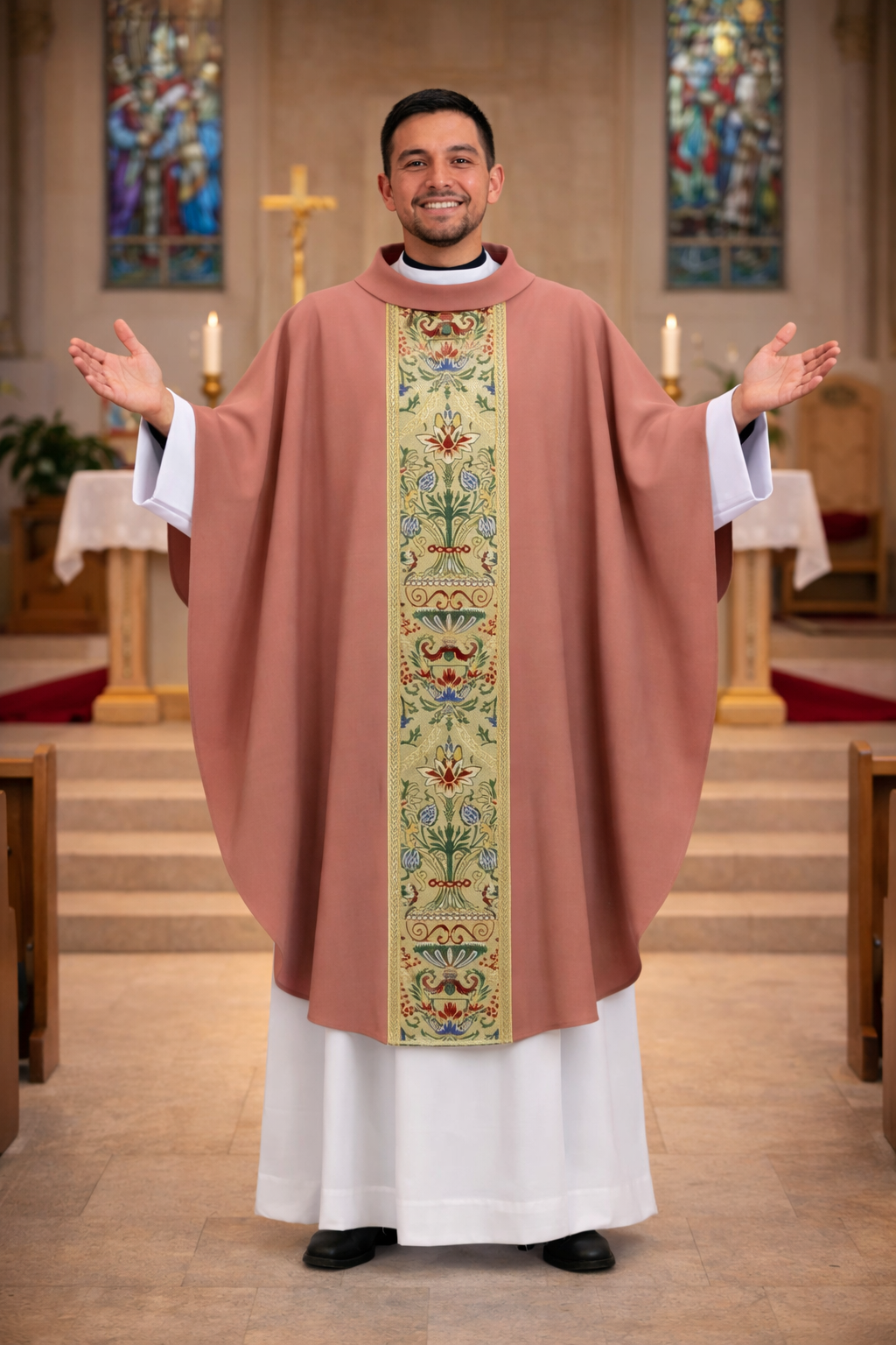 Coronation chasube in rose for Laetare Sunday with velvet collar.