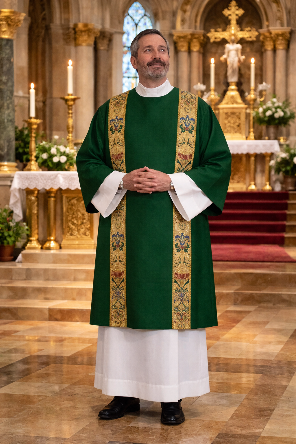 Deacon in green coronation dalmatic standing in a church with altar and candles in the background