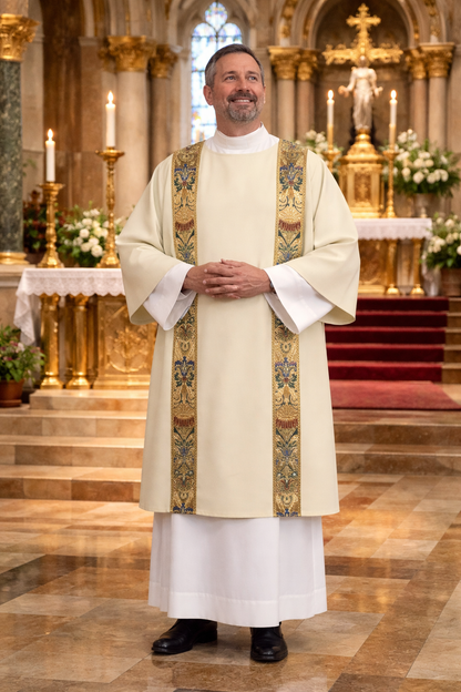 Deacon in ivory coronation dalmatic standing in a church with altar and candles in the background