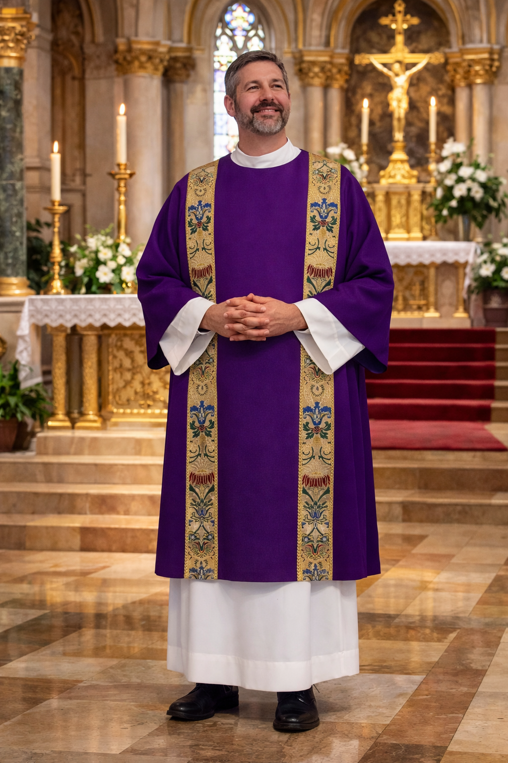 Deacon in purple coronation dalmatic standing in a church with altar and candles in the background