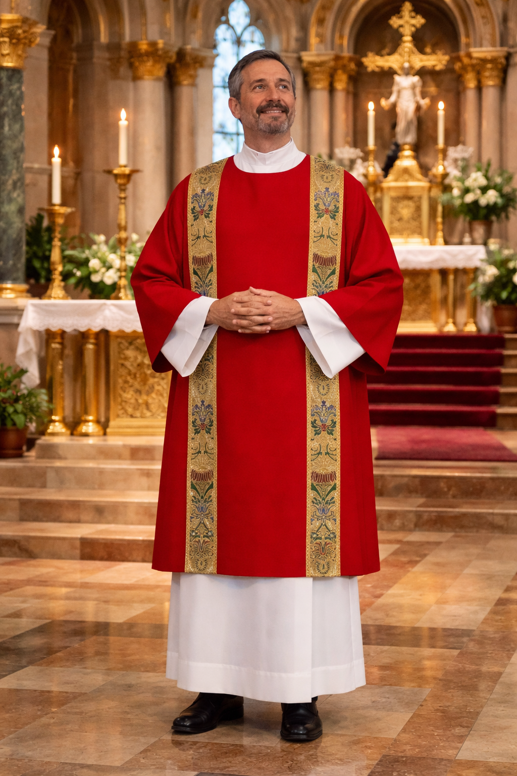 Deacon in red coronation dalmatic standing in a church with altar and candles in the background
