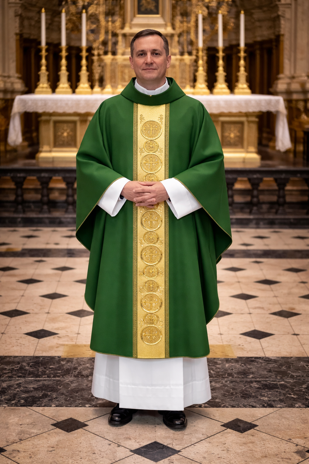 Priest in green and white vestments standing in a church with altar and candles in the background