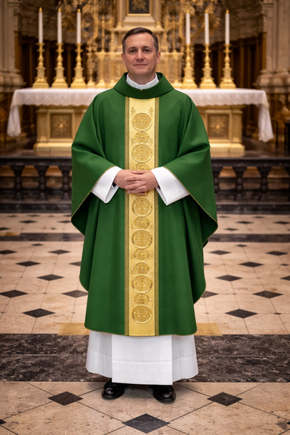 Priest in green and white vestments standing in a church with altar and candles in the background