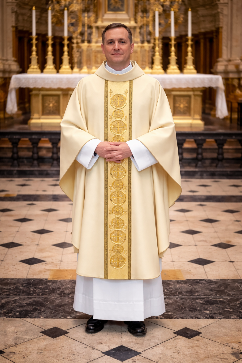 Priest in liturgical vestments standing in a cathedral setting
