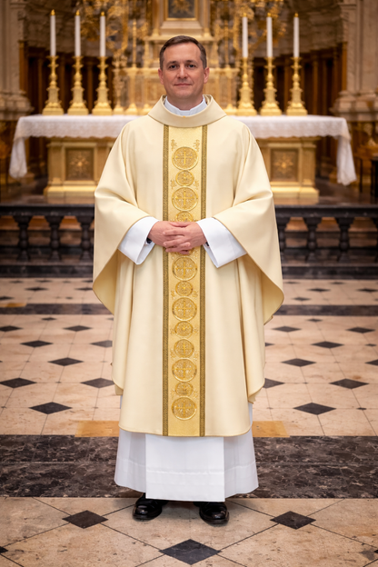 Priest in liturgical vestments standing in a cathedral setting