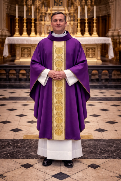 Priest in purple vestment with gold stole standing in a cathedral.