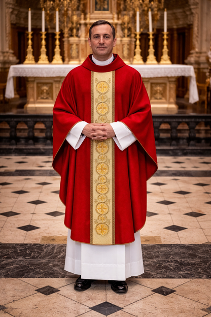Priest in red vestment with gold stole standing in a church.