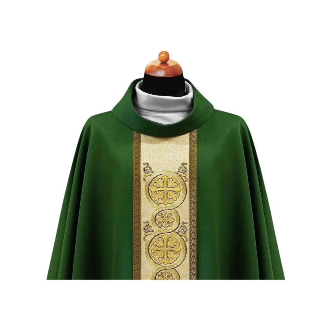 Liturgical chasuble with richly embroidered coptic crosses in gold thread on the orphrey. Monastic style