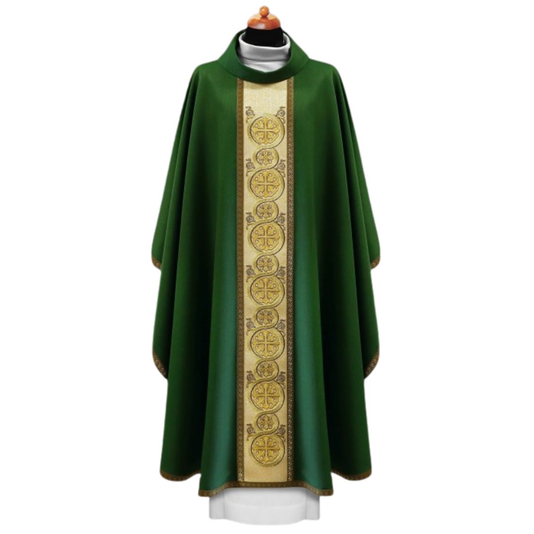 Liturgical chasuble with richly embroidered coptic crosses in gold thread on the orphrey. Monastic style