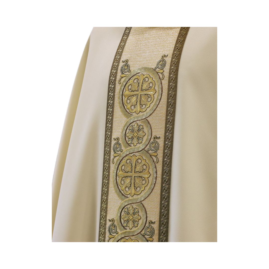 Liturgical chasuble with richly embroidered coptic crosses in gold thread on the orphrey. Monastic style