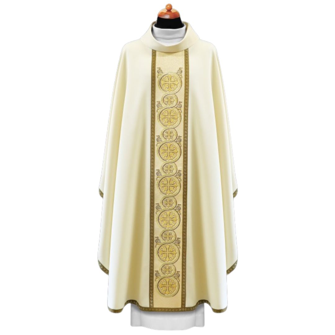 Liturgical chasuble with richly embroidered coptic crosses in gold thread on the orphrey. Monastic style