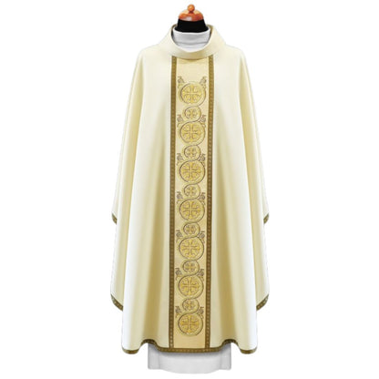 Liturgical chasuble with richly embroidered coptic crosses in gold thread on the orphrey. Monastic style