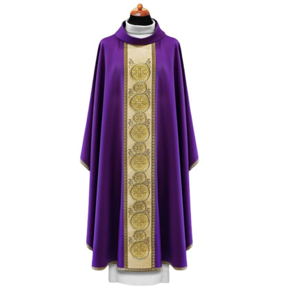 Liturgical chasuble with richly embroidered coptic crosses in gold thread on the orphrey. Monastic style