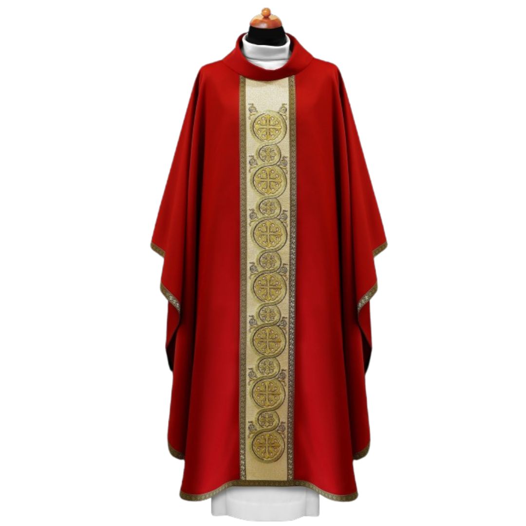 Liturgical chasuble with richly embroidered coptic crosses in gold thread on the orphrey. Monastic style