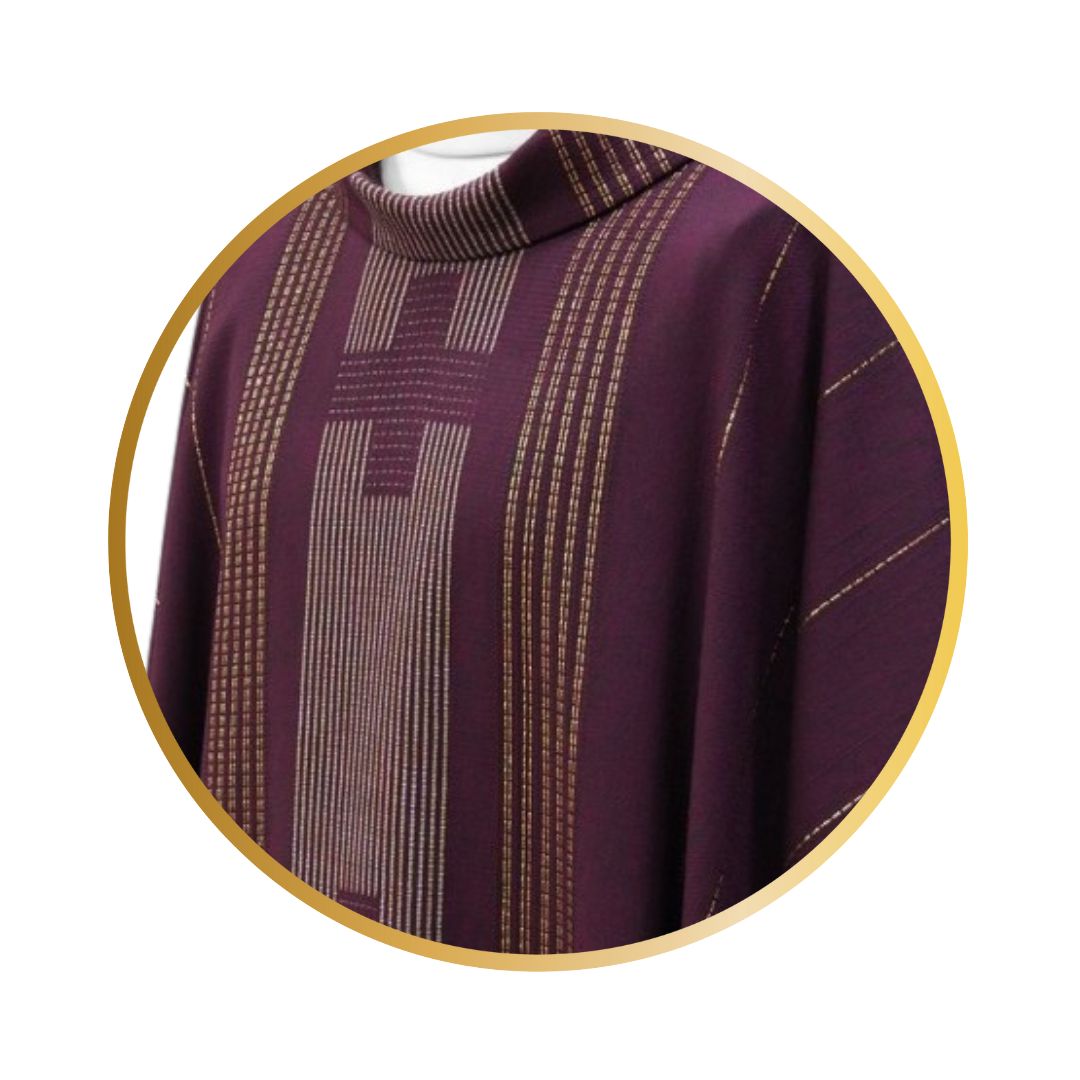 Handwoven chasuble 100% wool with silver thread. Crosses down the center. Cowl collar, Monastic style