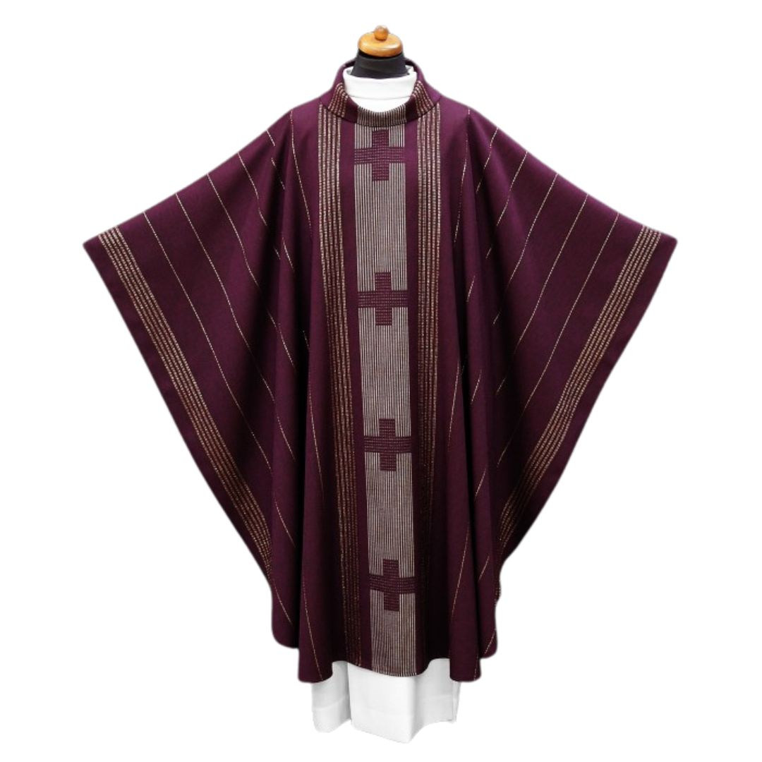 Handwoven chasuble 100% wool with silver thread. Crosses down the center. Cowl collar, Monastic style