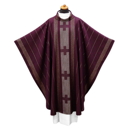 Handwoven chasuble 100% wool with silver thread. Crosses down the center. Cowl collar, Monastic style