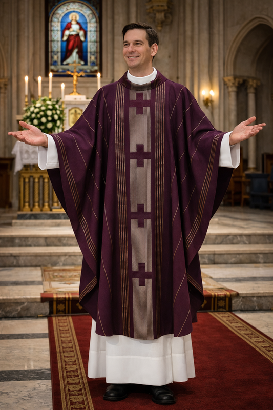 Priest in a church setting wearing a purple liturgical vestment.