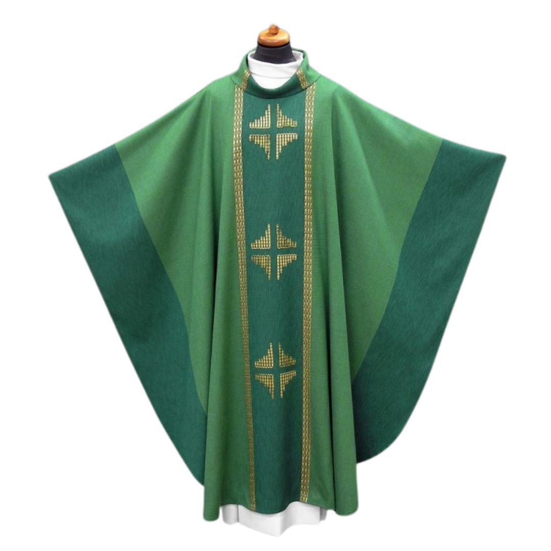 Handwoven chasuble green with inlay gold thread crosses. 100% Wool