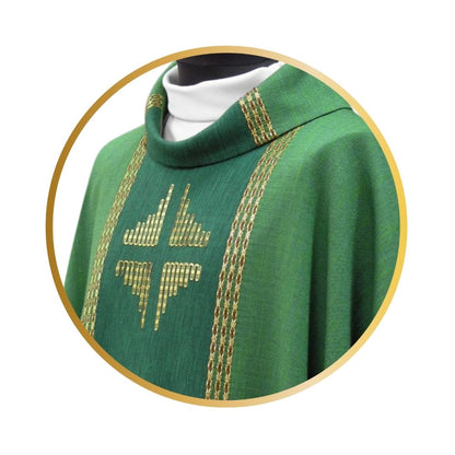 Handwoven chasuble green with inlay gold thread crosses. 100% Wool
