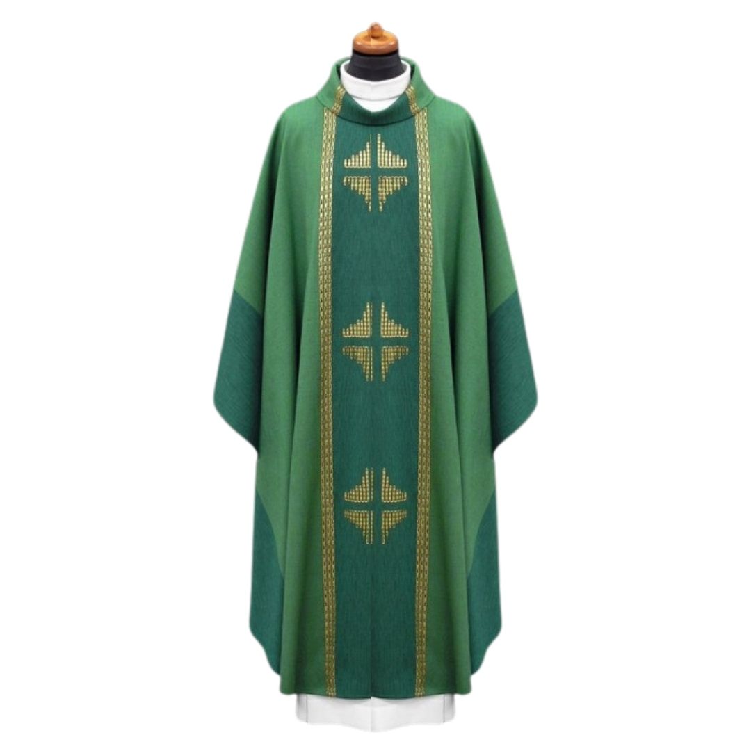 Handwoven chasuble green with inlay gold thread crosses. 100% Wool