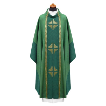 Handwoven chasuble green with inlay gold thread crosses. 100% Wool
