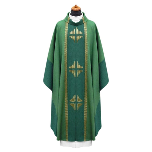 Handwoven chasuble green with inlay gold thread crosses. 100% Wool