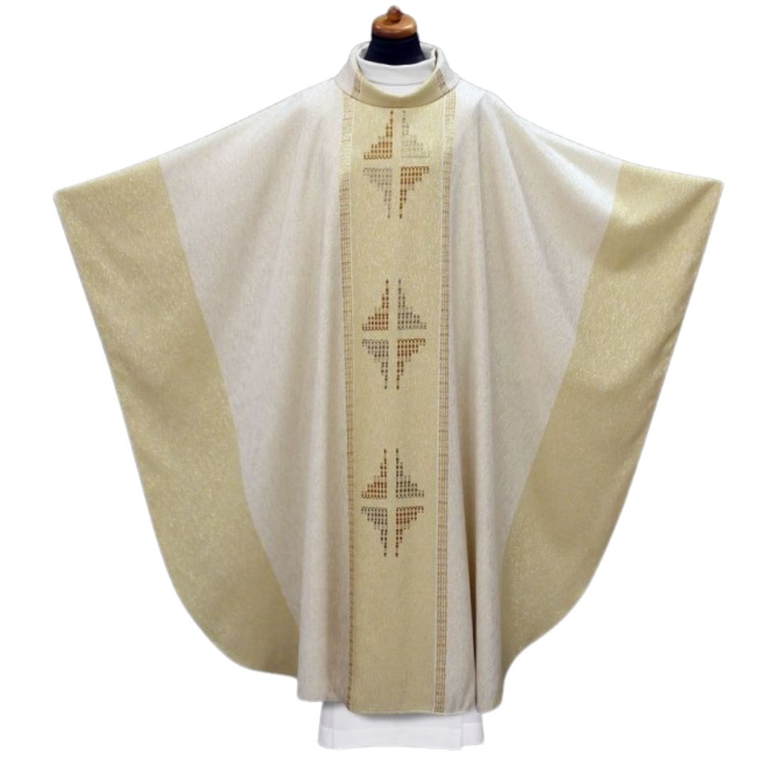 Handwoven chasuble ivory with inlay gold thread crosses. 100% Wool