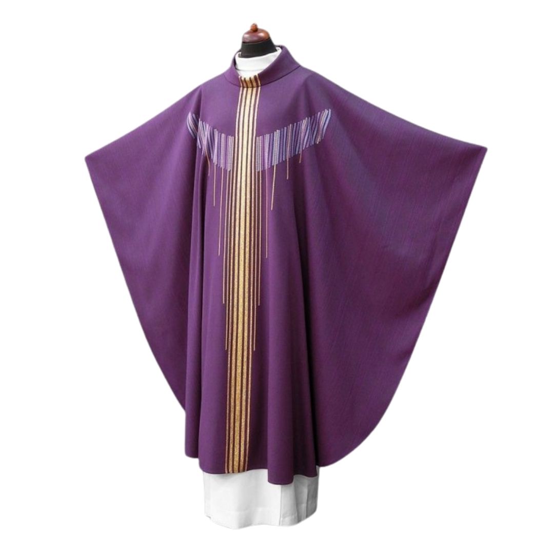 Handwoven 100% wool chasuble in purple with gold woven threads. 