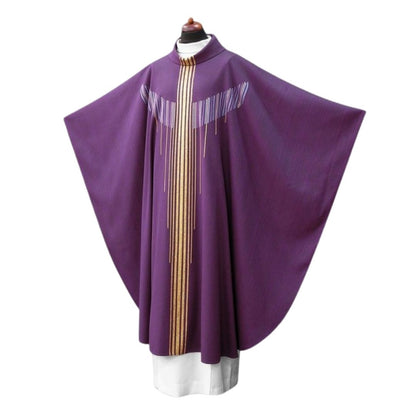 Handwoven 100% wool chasuble in purple with gold woven threads. 