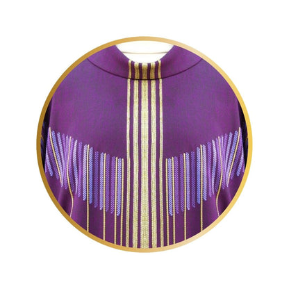 Handwoven 100% wool chasuble in purple with gold woven threads. 