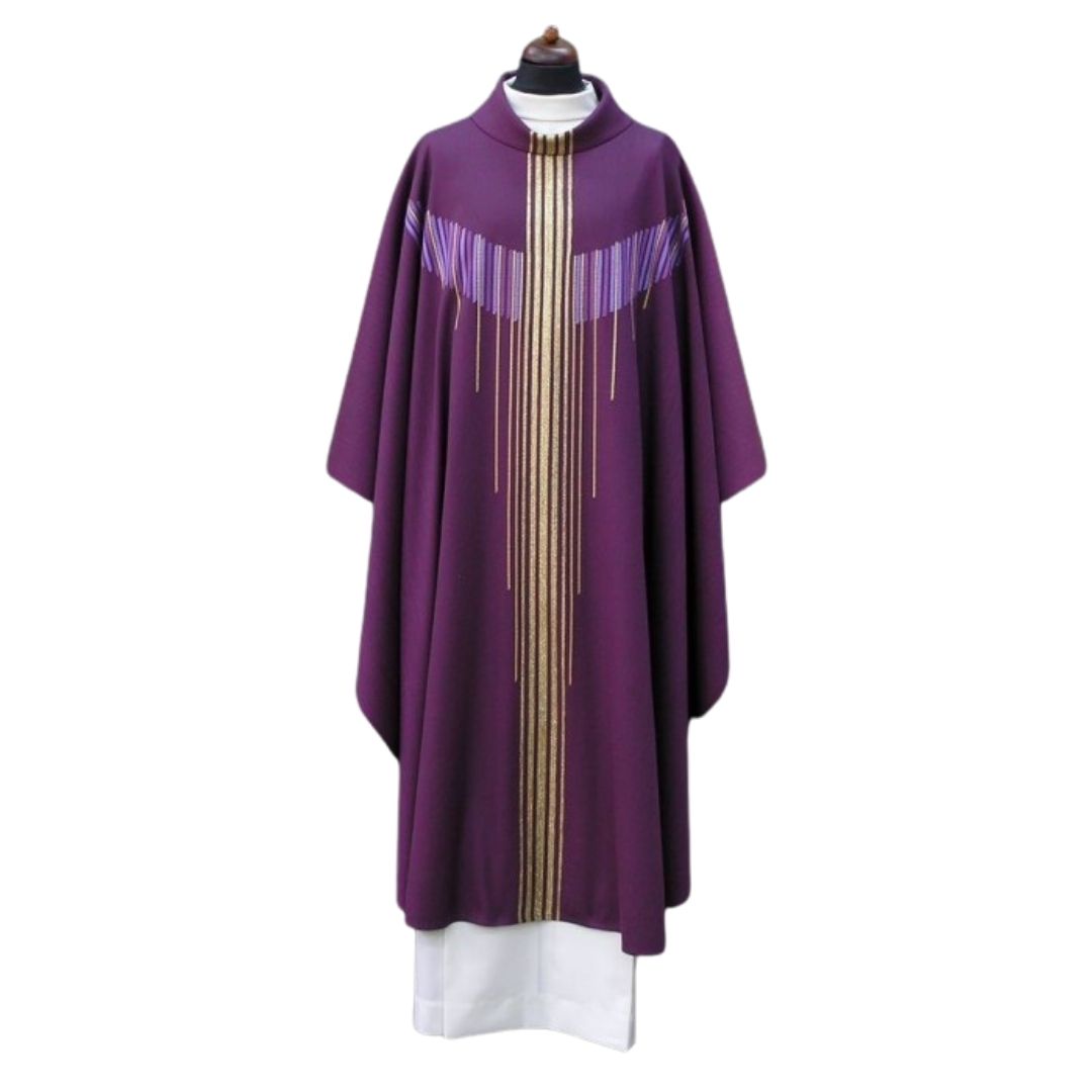 Handwoven 100% wool chasuble in purple with gold woven threads. 