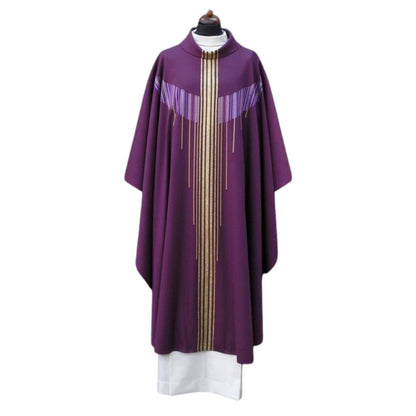 Handwoven 100% wool chasuble in purple with gold woven threads. 