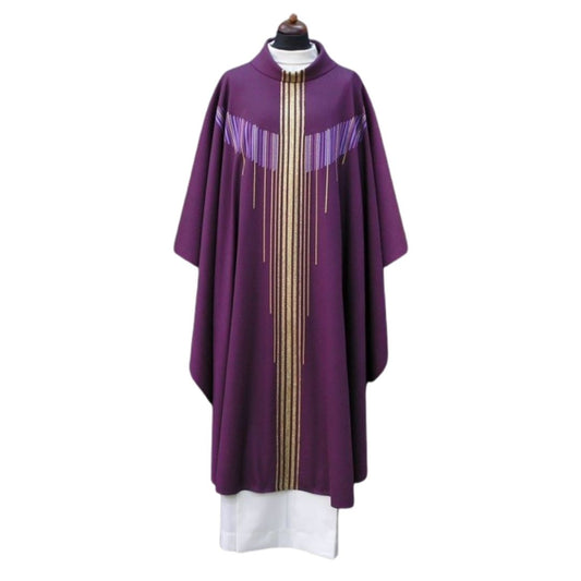 Handwoven 100% wool chasuble in purple with gold woven threads. 