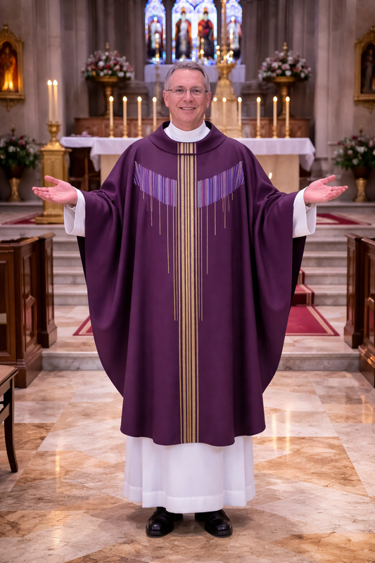 Priest in purple woven vestment standing in a church with altar and flowers in the background