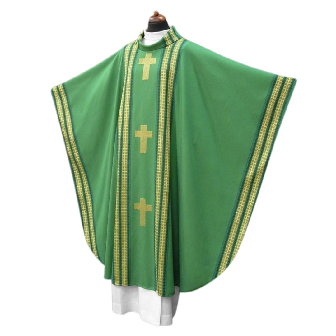 Handwoven chasuble green with inlay gold thread crosses. 100% Wool