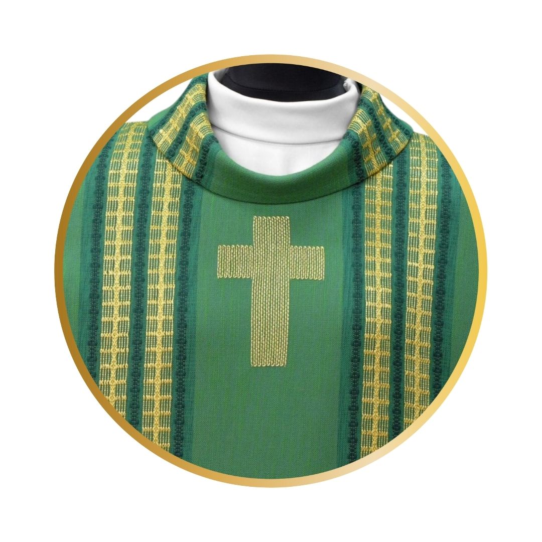 Handwoven chasuble green with inlay gold thread crosses. 100% Wool